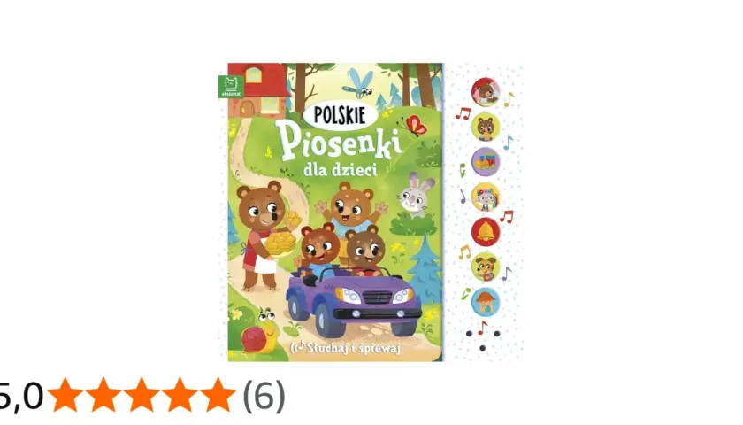 Okładka książki "Polskie Piosenki dla dzieci" z misiami w samochodzie i ślimakiem. Znajdziesz tu teksty ulubionych piosenek.