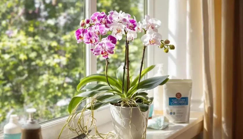 Magnifique floraison d'orchidées aux pétales roses et blancs, posées sur un rebord de fenêtre ensoleillé.