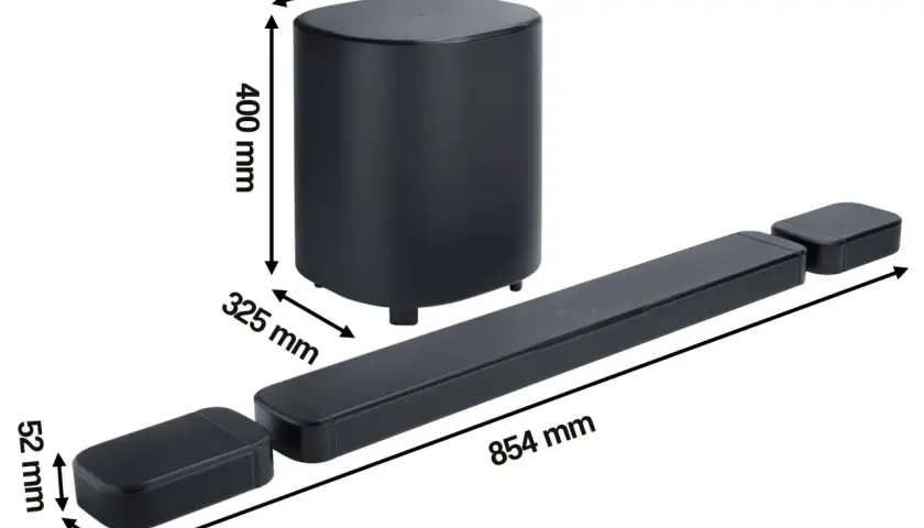 Soundbar JBL z subwooferem i bocznymi głośnikami. Wymiary: 854 mm (soundbar), 325x400 mm (subwoofer), 128x52 mm (głośniki boczne). Dowiedz się, jak podłączyć soundbar JBL do TV.