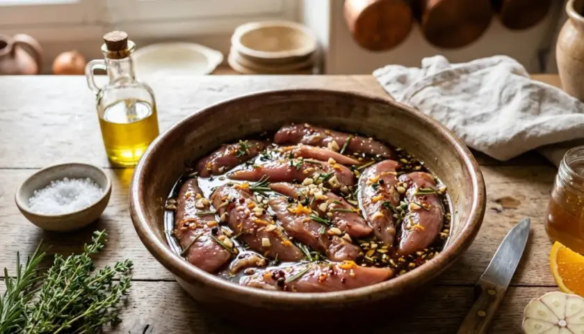 Aiguillettes de canard marinant dans un plat en terre cuite, entourées d'herbes, d'épices, d'huile d'olive et d'une tranche d'orange.
