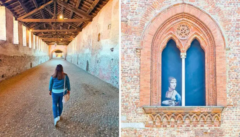 Un giorno a Vigevano: una donna cammina sotto i portici del castello, mentre una finestra mostra un ritratto rinascimentale.