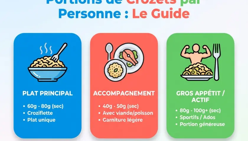 Guide des portions de crozets par personne : plat principal (60-80g), accompagnement (40-50g), gros appétit (80-100g+).