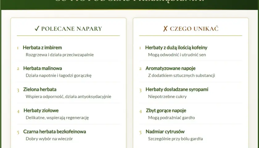 Polecane napary na przeziębienie: herbata z imbirem, malinowa, zielona, ziołowa i bezkofeinowa. Unikaj napojów z kofeiną, sztucznymi dodatkami i nadmiarem cukru.