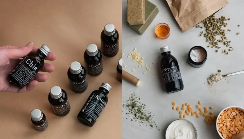 Flera små flaskor med ekologisk hudvård, som Chia och Nyponfrö. Perfekt för dig som vill kolla ingredienser i hudvård.