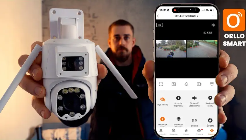 Mężczyzna prezentuje kamerę ORLLO TZ8 Dual 2 i jej aplikację do kamery samochodowej wifi na smartfonie.