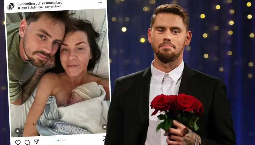 Rasmus Allards nya liv som pappa. Till vänster en bild på honom med nyfödda barnet och partnern. Till höger en bild på Rasmus som bachelor med rosor.