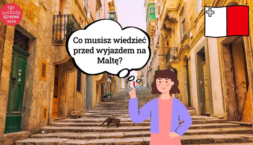 Ilustracja z flagą Malty, schodami i postacią wskazującą na chmurkę z tekstem.