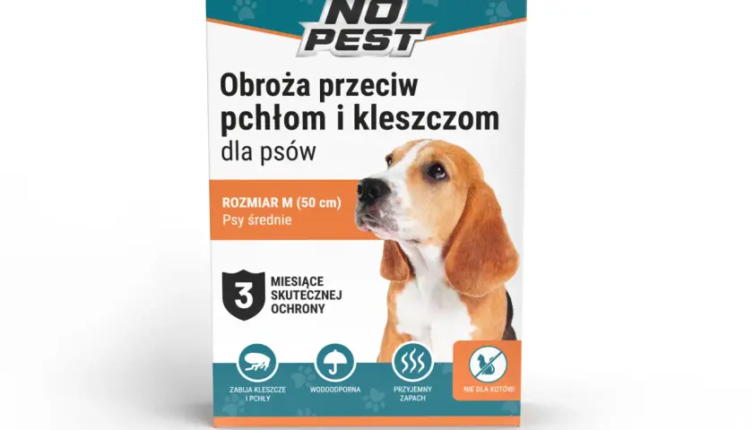 Opakowanie obroży przeciwpchelnej dla psa NO PEST z wizerunkiem psa rasy beagle.