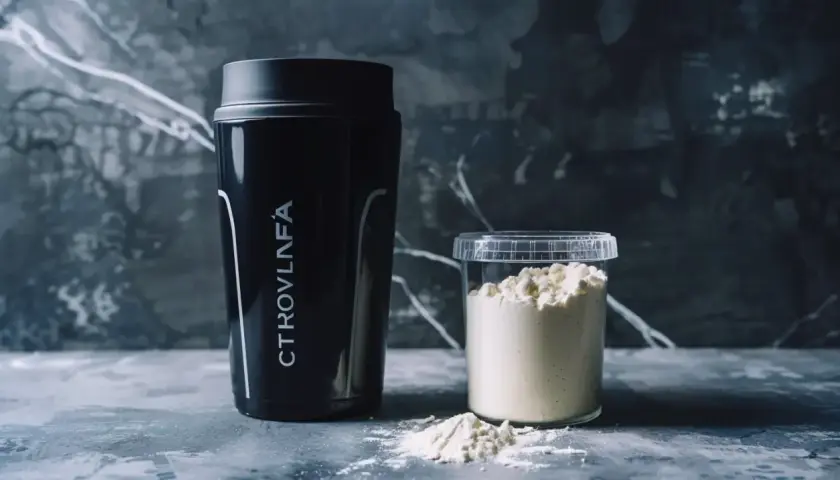 Czarny shaker i pojemnik z proszkiem. Uważaj na cytrulina skutki uboczne, bo czasem mogą być nieprzyjemne.