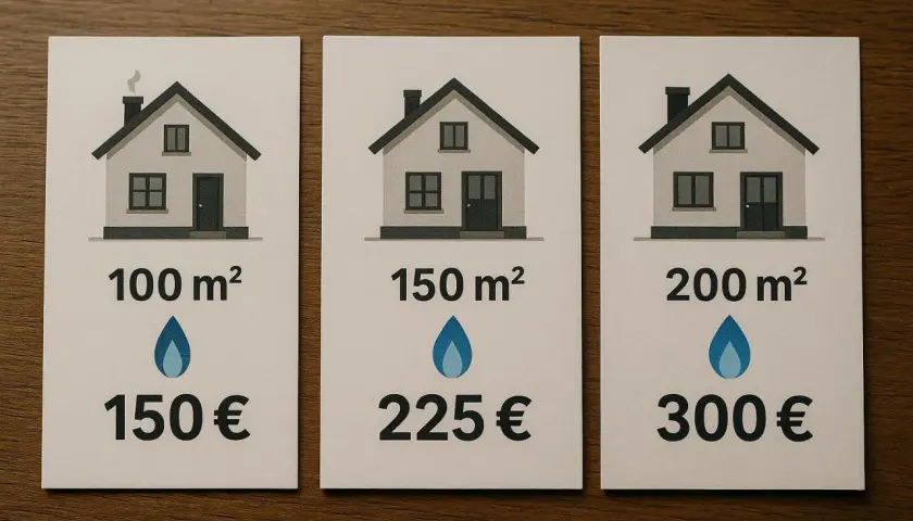 Szacowane roczne zużycie gazu w domu 100m² to 150€. Obok przykłady dla 150m² i 200m².