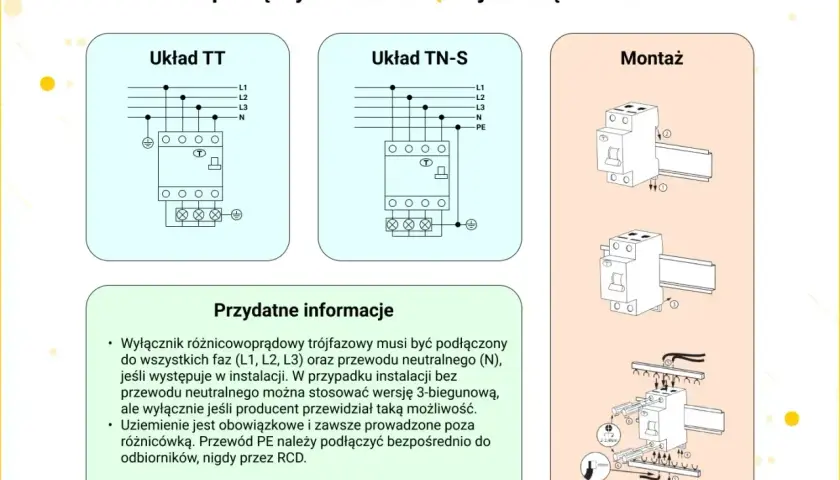 Schemat rozdzielnicy 3 fazowej pokazuje układy TT i TN-S oraz montaż wyłącznika.