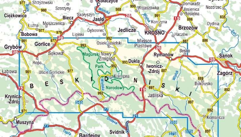 Mapa przedstawia **Beskid Niski atrakcje**: szlaki, miejscowości jak Gorlice, Krosno, Sanok, Dukla, Magurski Park Narodowy.
