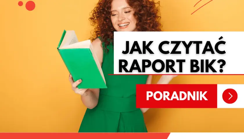 Rudowłosa kobieta czyta poradnik o tym, jak czytać raport BIK.