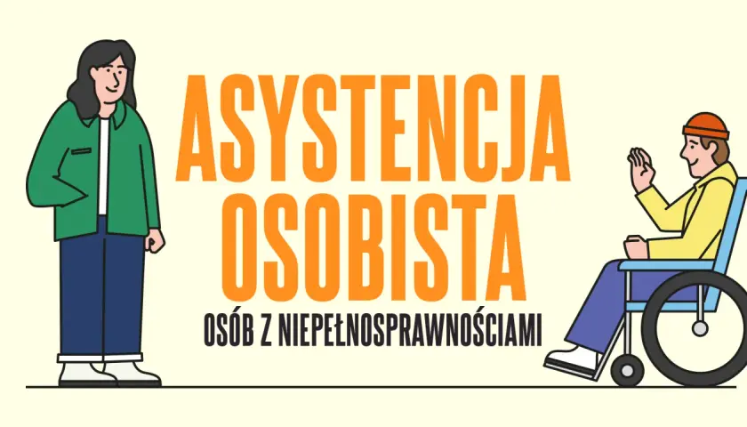 Kurs asystent osoby niepełnosprawnej: ilustracja przedstawia dwie postacie, jedna stoi, druga siedzi na wózku inwalidzkim.