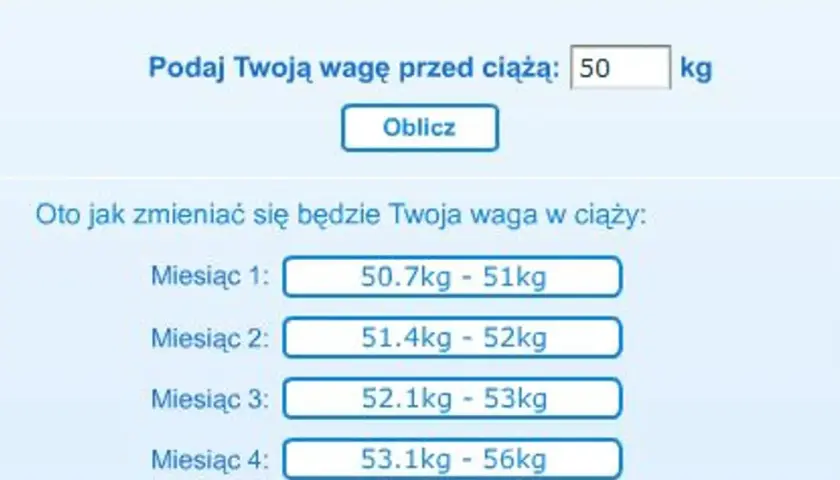 Kalkulator wagi w ciąży. Podaj swoją wagę przed ciążą (50 kg), a zobaczysz, ile tyje kobieta w ciąży w kolejnych miesiącach.