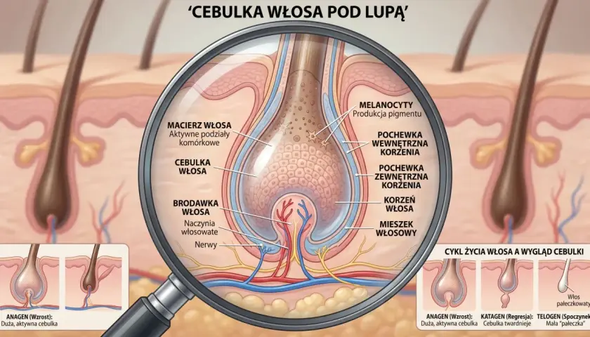 Szczegółowy przekrój przez cebulkę włosa pod lupą, ukazujący jej budowę i cykl życia. Widoczna macierz włosa, brodawka z naczyniami i nerwami, a także mieszki i pochewki.