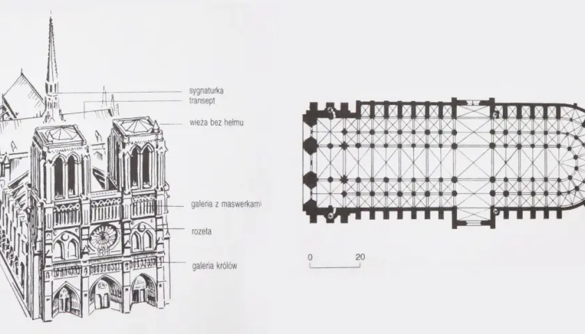 Rysunek Notre-Dame z widokiem fasady i planem kościoła.