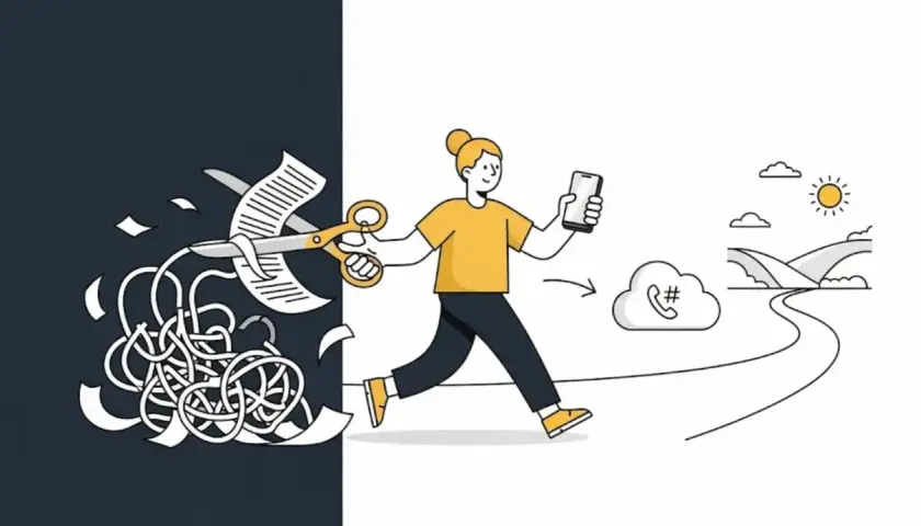 Frau schneidet Chaos mit Schere, geht mit Handy Richtung Cloud-Symbol. Das symbolisiert die Bedeutung von Portieren: Vereinfachung und Fortschritt.