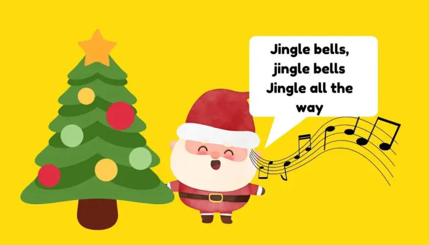 Święty Mikołaj śpiewa "Jingle Bells", jeden z popularnych piosenek świątecznych po angielsku. Obok choinka i nuty.