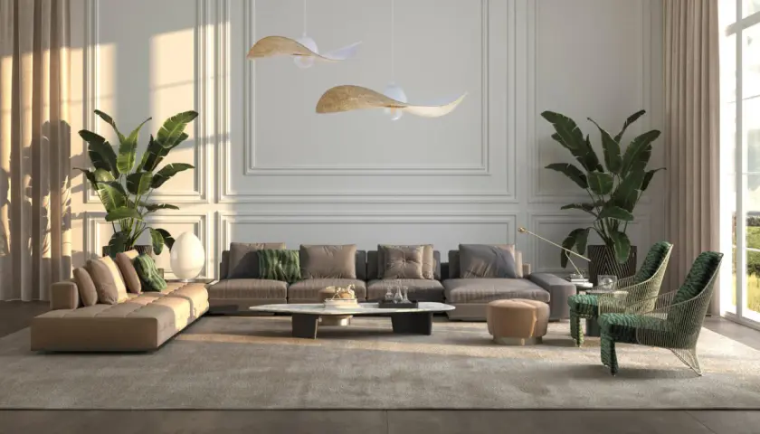 Eleganckie oświetlenie wysokiego salonu podkreśla nowoczesny design z sofami, roślinami i stylowymi lampami.