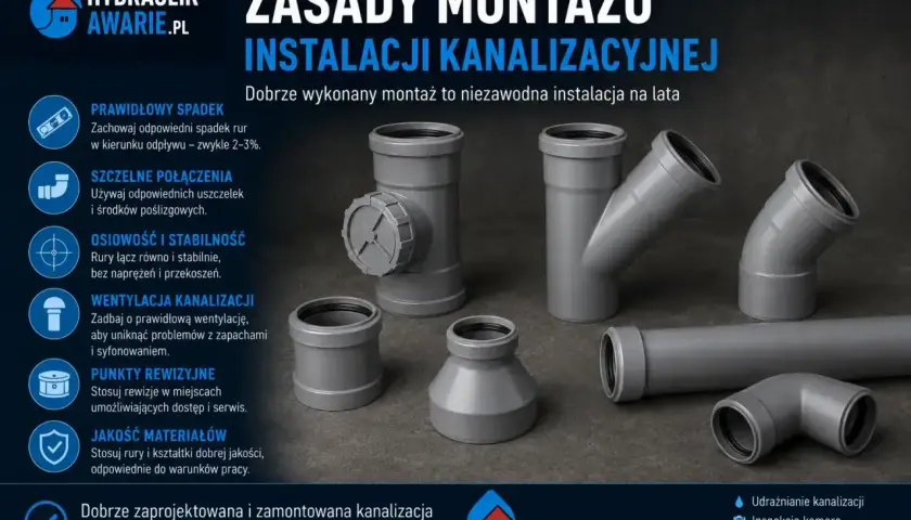 Elementy instalacji kanalizacyjnej, w tym rury i kształtki, gotowe do montażu. Kluczowe zasady montażu, jak spadek, szczelność i jakość materiałów, zapewniają bezawaryjne działanie systemu.