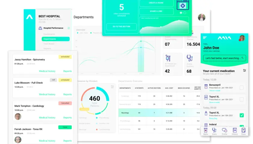 Interfaccia di un software cartella clinica con appuntamenti, statistiche e farmaci.