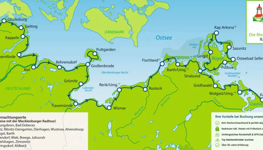Karte der Mecklenburgischen Radtour von der Ostseeküste bis nach Rügen.