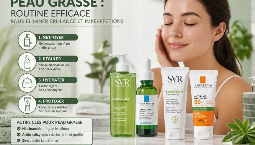 Routine pour peau très grasse : nettoyage, régulation avec sérum, hydratation légère et protection solaire matifiante.