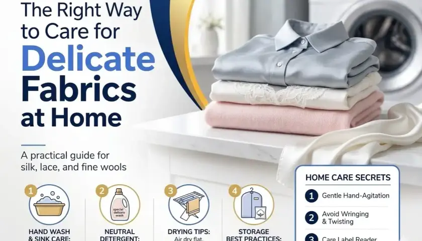 A stack of folded delicate fabrics, including a silk shirt, lace, and soft wool, are shown with tips on how to care for them at home.