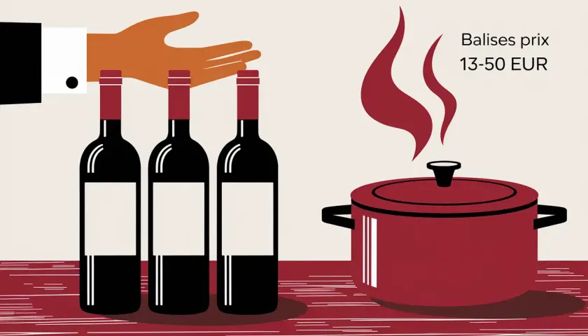 Trois bouteilles de vin rouge, idéales pour cuisiner une daube savoureuse. Prix : 13-50 EUR.