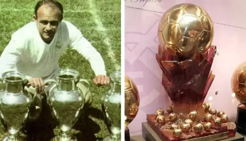 Piłkarz z pucharami i super złota piłka na wystawie.