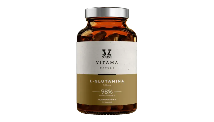 Butelka suplementu diety L-Glutamina 1100mg. Glutamina co to? To aminokwas wspierający regenerację. 120 kapsułek.