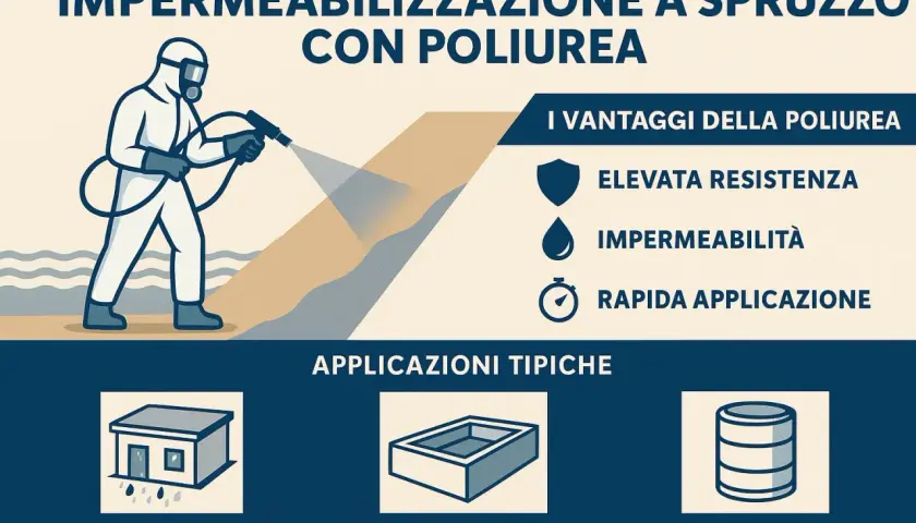 Un operatore in tuta protettiva esegue l'impermeabilizzazione tetti a spruzzo con poliurea, garantendo resistenza e rapidità.