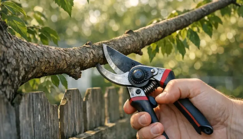 Main tenant, mon voisin refuse de couper ses branches. Une main tient un sécateur prêt à tailler une branche d'arbre au-dessus d'une clôture en bois.