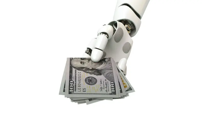 Roboterhand hält US-Dollar-Scheine. Mögliche Verbindung zur Quellensteuer in den USA.
