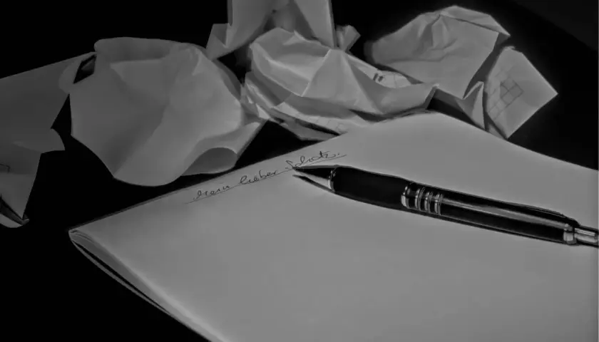 Carta accartocciata e penna su foglio bianco. La frase "Mein lieber Schatz" è scritta a mano.