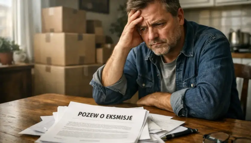 Zmartwiony mężczyzna z dokumentem "Pozew o eksmisję" przed sobą. W tle piętrzą się kartony, sugerując trudną sytuację rodziny z dziećmi.