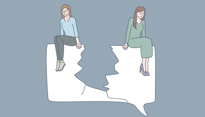 Due donne arrabbiate sedute su una nuvoletta spezzata, simbolo del ghosting in amicizia.