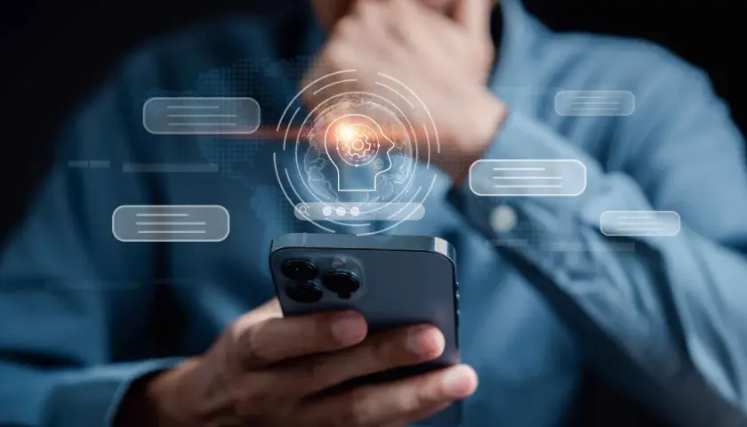 Mężczyzna trzyma smartfon, nad którym unosi się grafika mózgu z ikonami, symbolizująca sztuczną inteligencję napędzaną przez **samsung exynos**.