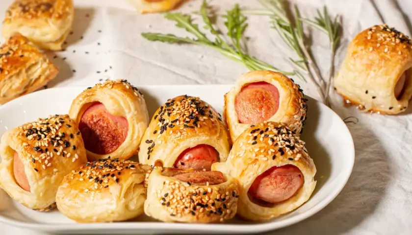 Délicieux feuilleté saucisse, dorés et parsemés de graines de sésame, sur une assiette blanche.