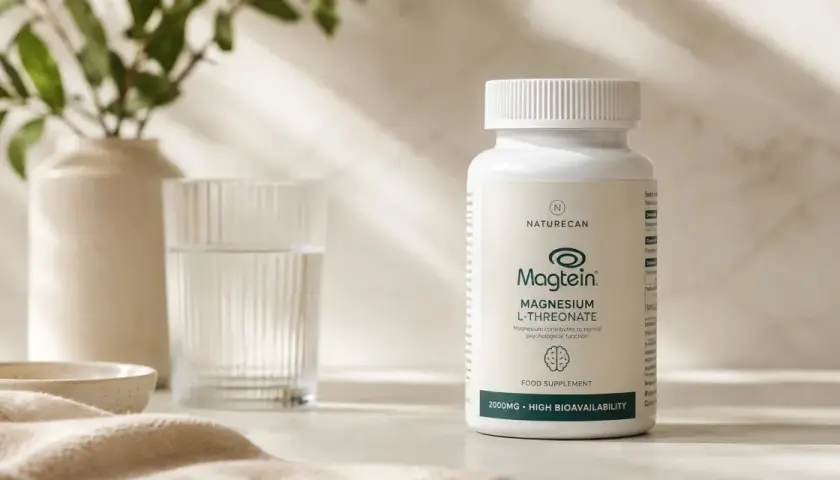 Flacone di Magtein, integratore alimentare di magnesio treonato, accanto a un bicchiere d'acqua e una pianta.