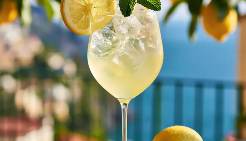 Erfrischender Limoncello Spritz mit Eis, Zitronenscheibe und Minze, garniert mit frischen Zitronen im Hintergrund.