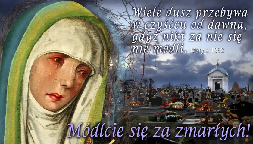 Obraz przedstawia płaczącą Matkę Boską obok cmentarza z grobami i zniczami.