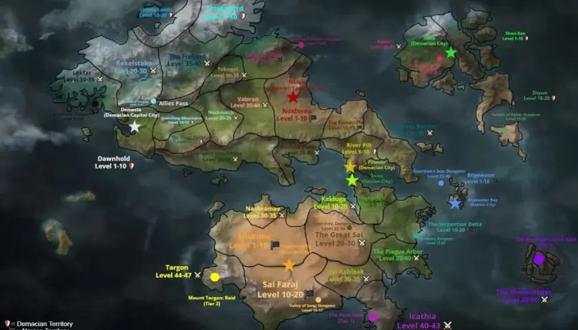 Mapa świata gry MMORPG od Riot Games, ukazująca terytoria Demacii, Noxii i obszary sporne, z nazwami lokacji i poziomami.