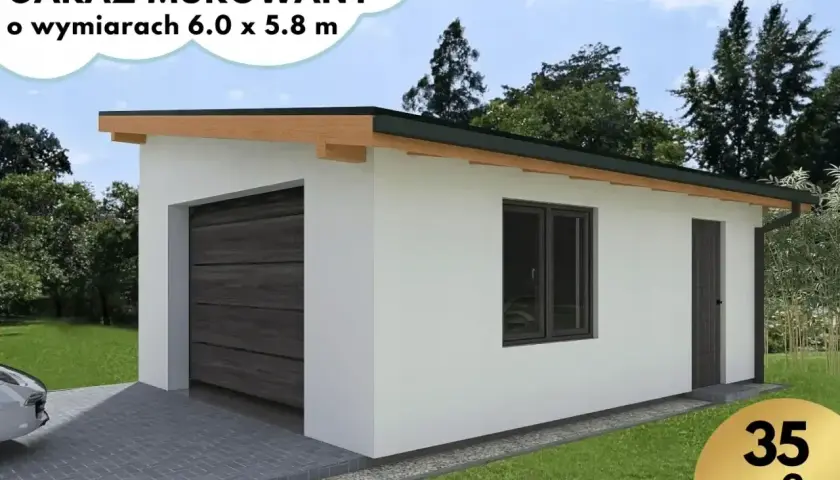 Nowoczesny garaż murowany o wymiarach 6.0 x 5.8 m, z bramą garażową, oknem i drzwiami. Idealny na 35 m² Twoich pojazdów.