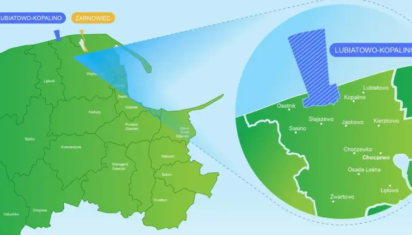 Mapa lokalizacji planowanej elektrowni atomowej w Polsce: Lubiatowo-Kopalino i Żarnowiec.