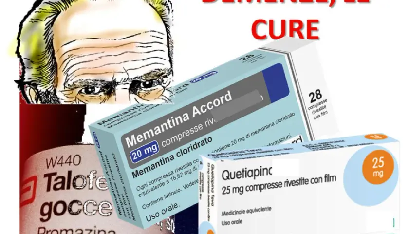 Volto anziano, scatole di farmaci per demenza: Memantina Accord, Quetiapinc e flacone di Talofen gocce.