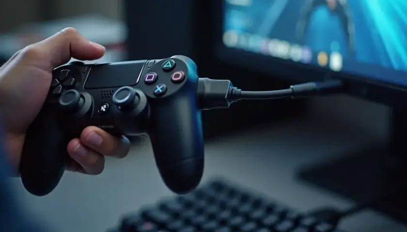 Ręka trzyma pada PS4 podłączonego kablem do komputera. Dowiedz się, jak podłączyć pada PS4 do PC i graj w swoje ulubione tytuły.