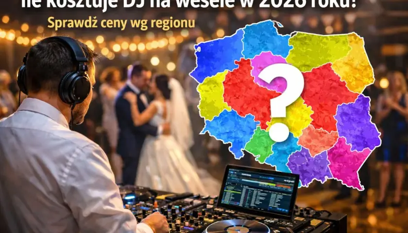 DJ na weselu, mapa Polski podzielona na kolorowe regiony z pytajnikiem.