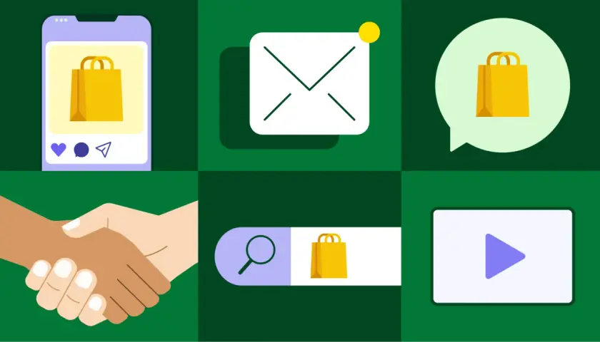 Icônes représentant le marketing cross canal : smartphone, email, bulle de dialogue, poignée de main, barre de recherche, vidéo.